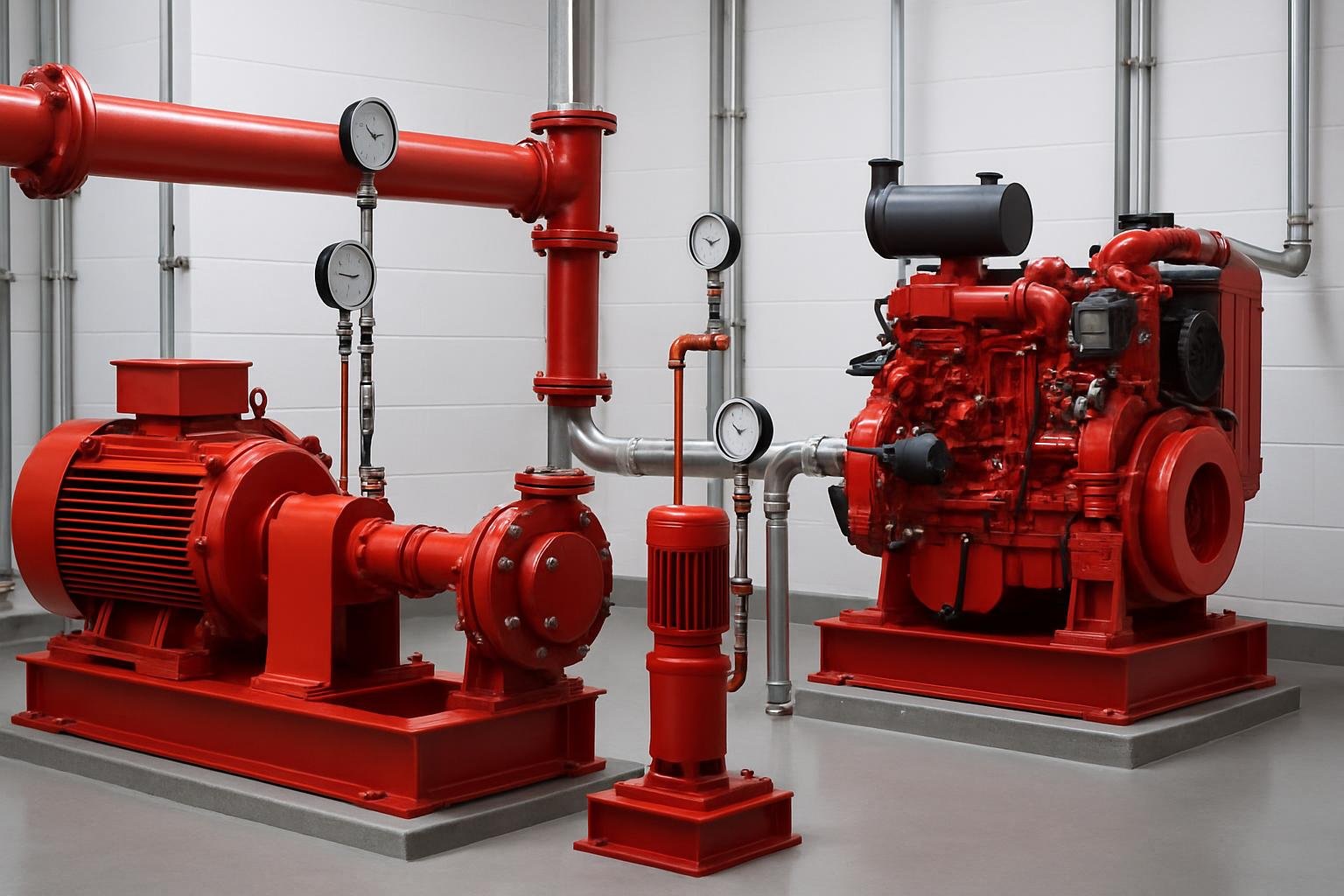 Industrial fire pump set in a pump room