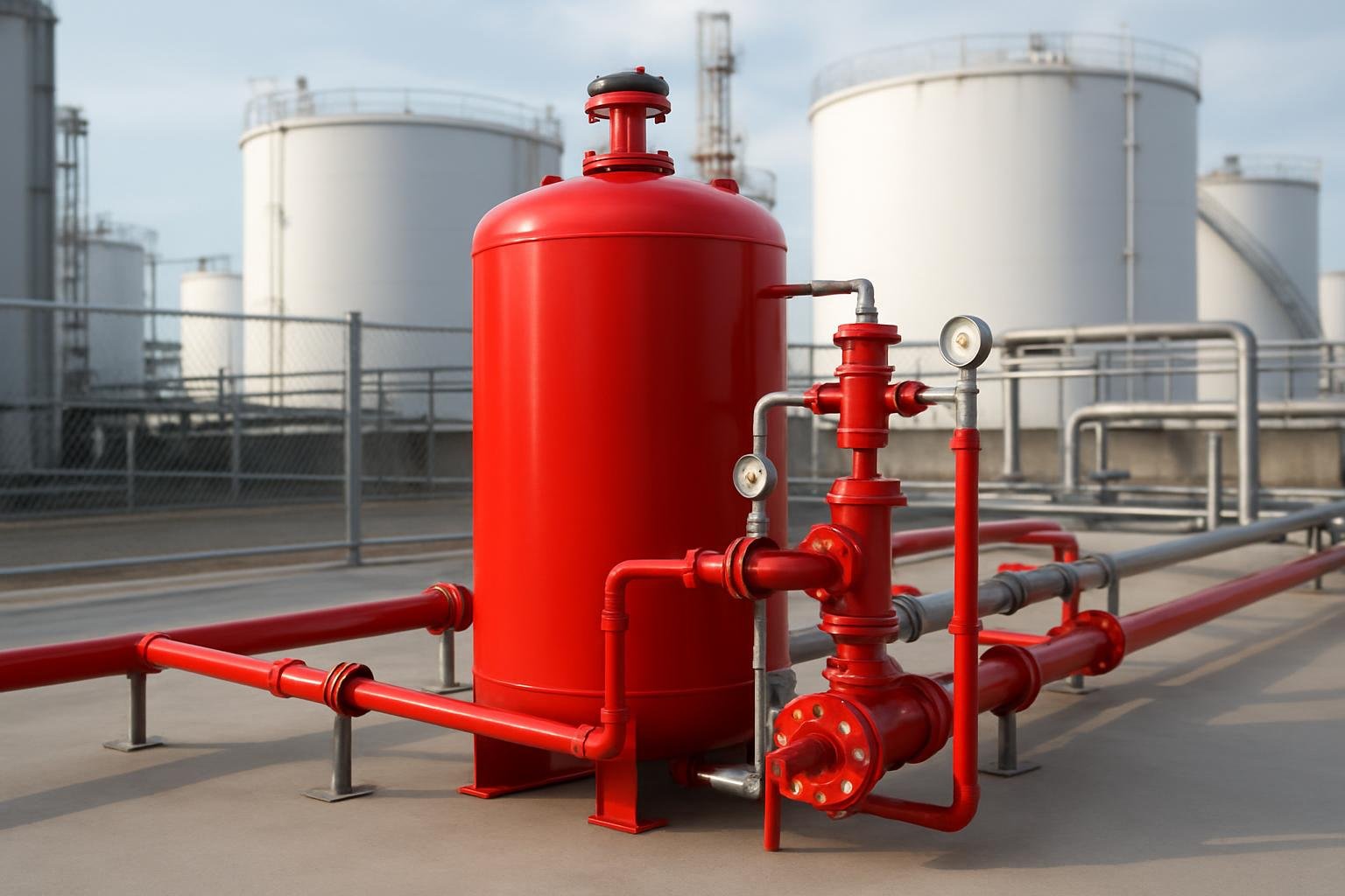 A foam fire-suppression system with tank and piping