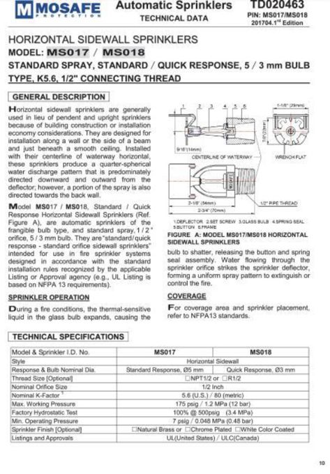MOSAFE Horizontal Sidewall Automatic Sprinklers (MS017 / MS018)